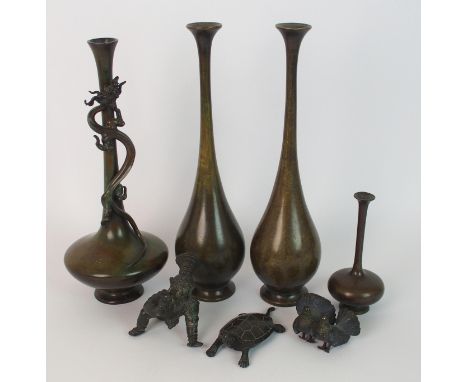 A Japanese bronze vase applied with a dragon wrapped around a slender neck, signed, 26cm high, a pair of baluster vases, 27.5
