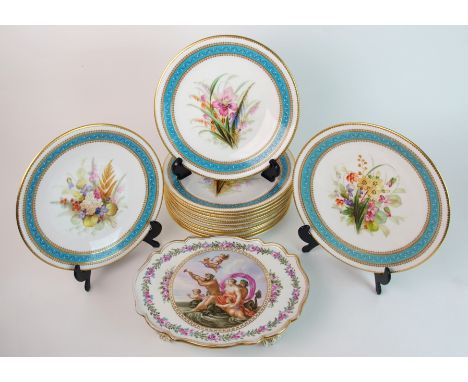 Twelve Worcester porcelain floral painted dessert plates each plate painted with bunches of wild flowers within a turquoise b