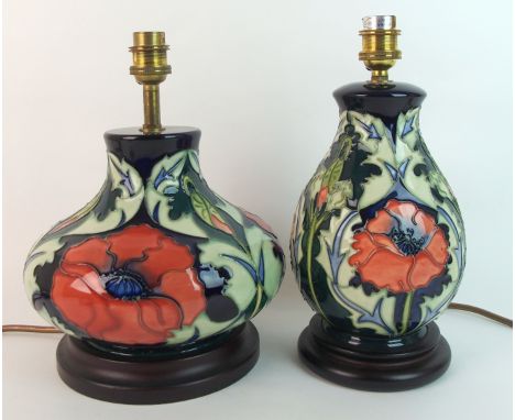 Two Moorcroft pottery Poppy lamp bases designed by Rachel Bishop, decorated with stylised Poppy heads and jagged edge foliate