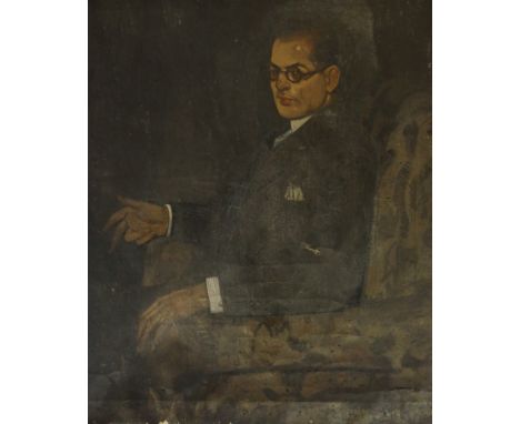 •ANCELL STRONACH ARSA (Scottish 1901 - 1981) PORTRAIT OF A MAN IN GLASSES Oil on canvas, signed and indistinctly dated, 91.5 