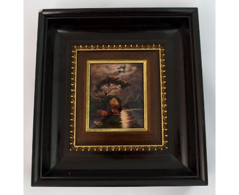 A French Limoges enamel panel signed R Leclair the enamel on copper panel mounted in an ebonised frame, the scenic panel of m