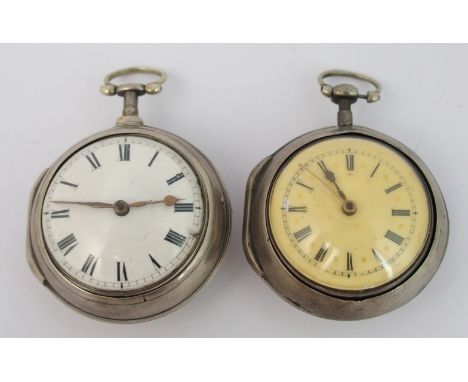 Two Georgian silver pair cased verge pocket watches London 1764, matching cases, white enamel dial, verge movement marked W S