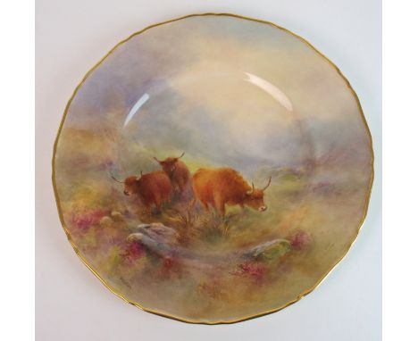 A Royal Worcester plate painted by Stinton depicting three Highland cows in a moorland landscape, printed marks, 26.5cm