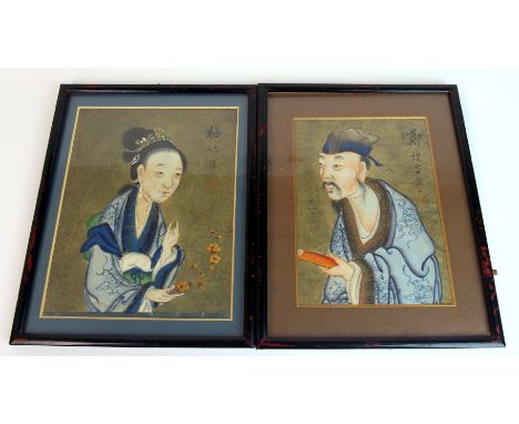 A pair of Chinese watercolour drawings of a gentleman and lady in floral robes, he with scroll, she with flowers, signed, 19 