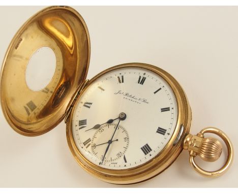 A 9ct half hunter pocket watch the outer case with black enamel Roman numerals, the inner white enamel dial with black Roman 