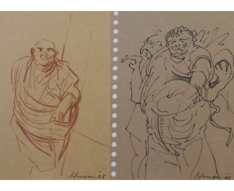 •PETER HOWSON OBE (Scottish b. 1958) SANCHO PANZA (two studies) Ink drawing, signed and dated (20)06 Sanguine drawing, signed