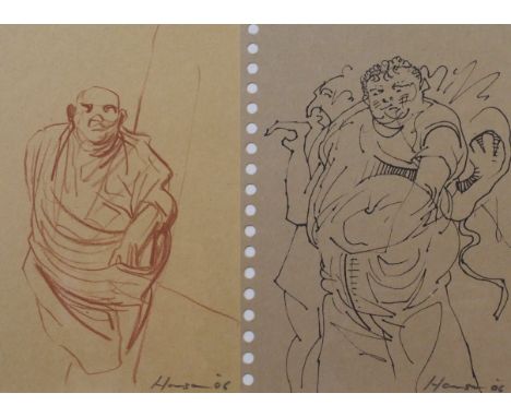 •PETER HOWSON OBE (Scottish b. 1958) SANCHO PANZA (two studies) Ink drawing, signed and dated (20)06 Sanguine drawing, signed