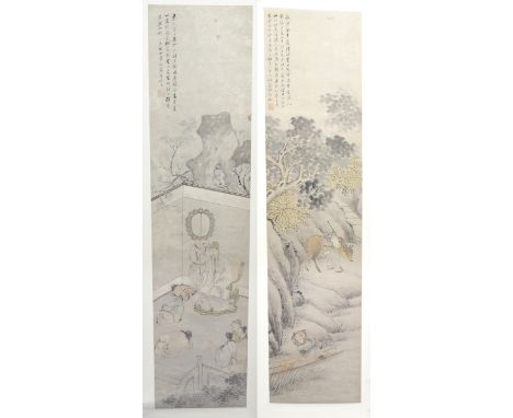 A Chinese scroll painting depicting a man with an ox and a fisherman beneath trees, signed, 123 x 29cm, another with a Mandar