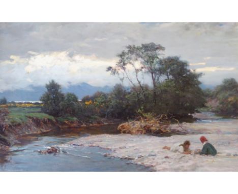 WILLIAM M PRATT (Scottish 1854 - 1936) CHILDREN PLAYING BY A RIVER Oil on canvas, signed and dated 1924, 51 x 76cm (20 x 30")