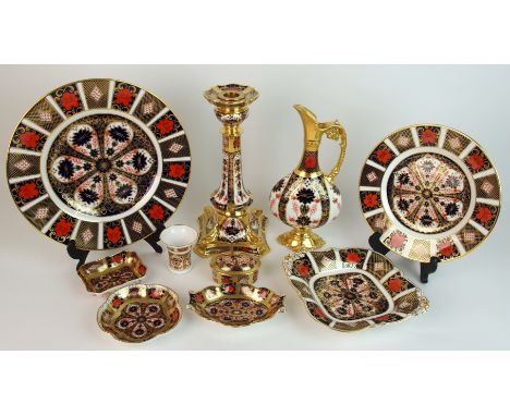 A collection of Royal Crown Derby, Old Imari pattern porcelain 1128 a candlestick, 1128, printed marks, 26.5cm high a decorat