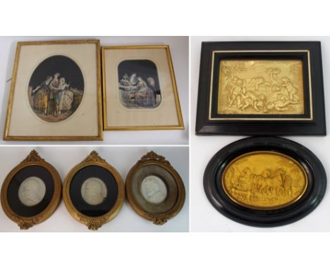 A group of Victoriana two French relief panels depicting a seated husband and wife, the paper and fabric scene set in three d