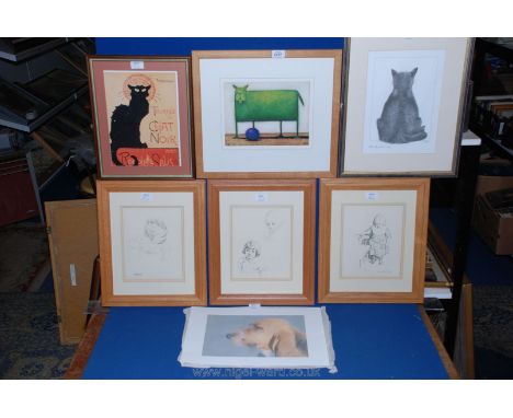 Three Prints of children, three Cat Prints and an unframed Print of Bassett Hound