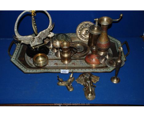 A large two handled Brass Tray, dinner Gong in the form of Elephants and Elephant door knocker