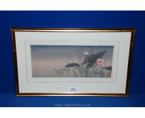 A "Frog and Lilies" Japanese woodcut Print on silk, possibly by Koson, 37 x 16cm (image).