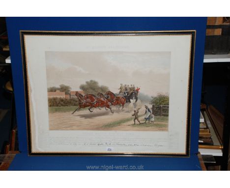 An antique hand coloured Lithograph, McQueens Coaching's/ coach match against time-"The Galloping Stage", published November 