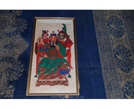 A large colourful framed Print of a Japanese Emperor, his bodyguard and advisor, 37'' x 18 1/2''.