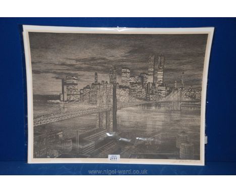 Sandra Finkenberg, pencil signed monochrome Lithograph of "Brooklyn Bridge and the Big Apple".
