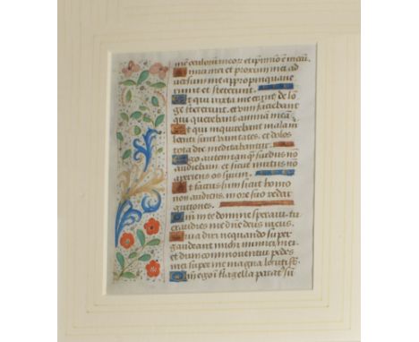 Fine illuminated manuscript page on vellum, from a 15th century Book of Hours, elaborate panel borders in acanthus and floral