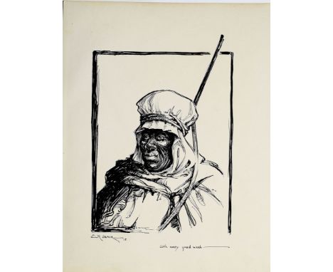 E R Blair (20th century), Portrait of a Middle Eastern soldier, pen and ink drawing, signed and dated 15 lower left, 23 x 18c