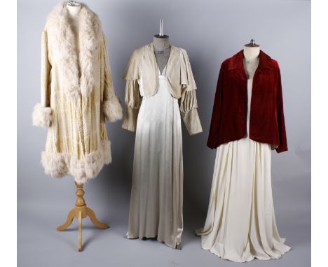 A 1920s cream devore velvet evening coat with fur trim; together with a 1930s eau de Nil satin crepe full length dress, a lat