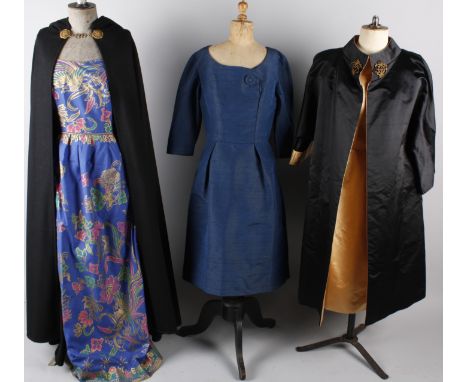 Seven items of vintage ladies costume, comprising: an early 1960s gold silk dress with matching reversible black and gold jac