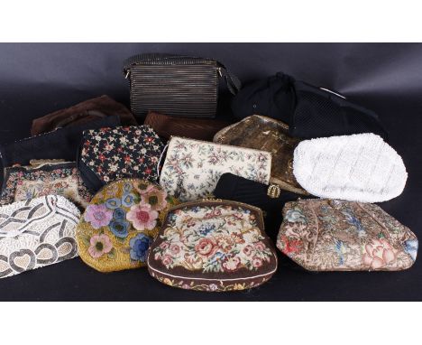 A collection of vintage evening bags, including: a 1920s knitted design of flowers with a lame lining, a 1930s brown corded f