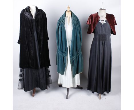 A 1930s black taffeta and lace evening gown; with a 1920s peacock blue velvet cape, a 1930s black satin evening gown with bri