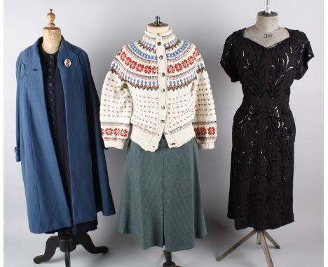 A 1930s blue velvet dress with pleated cream collar; together with a 1930s navy blue coat dress, a 1940s pale blue crepe blou