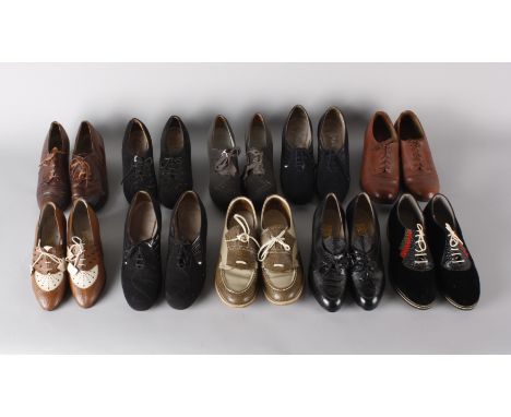 Ten pairs of vintage ladies shoes, including: 1930s green suede lace-ups, black suede lace-ups with pierced detail, brown and