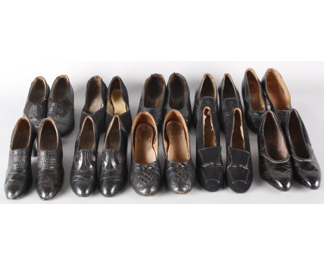 Ten pairs of vintage ladies black shoes, including: a pair of 1920s shoes, 1930s court shoes, early 20th century shoes by Man