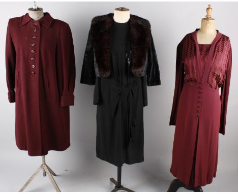 A quantity of vintage ladies clothing, comprising: a 1930s burgundy dress, a 1940s wool dress with patent trim, a 1940s black