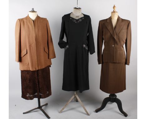 A group of ladies vintage costume, including: a brown devore velvet dress, a John Jarrell 1940s American suit, a 1940s Motolu