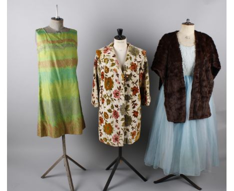 Ladies costume from the 1940s to the 1960s, including: an American 1950s damask 3/4 length coat, a 1940s brown wool hacking j