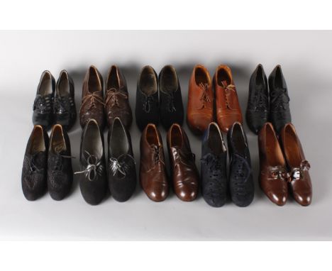 Ten pairs of ladies vintage shoes dating from the 1930s and 1940s, including: elegant black leather 1930s shoes with quilted 