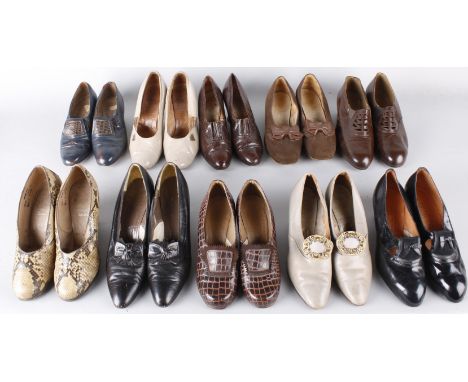 Ten pairs of vintage ladies shoes, comprising: 1920s pale grey shoes with cut steel buckles, 1930s brown leather shoes, 1940s