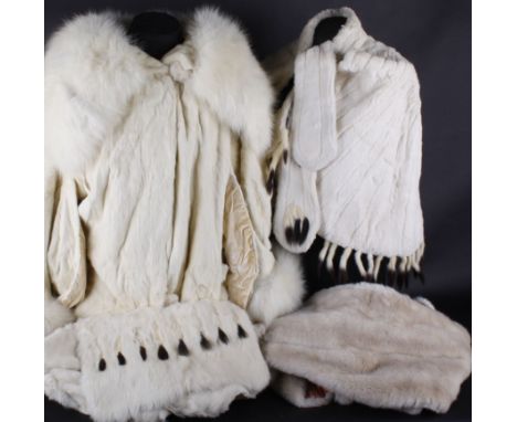 A French 1920s white ermine coat, with an attached cape with white Artic fox collar and velvet embroidered lining; together w