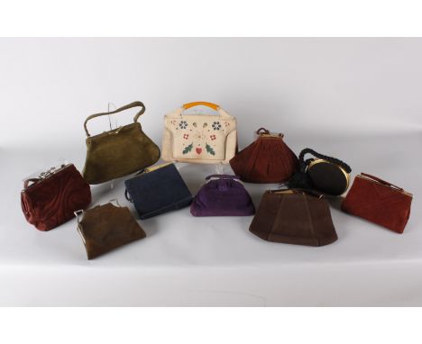 A collection of ten vintage bags, including: a British Made purple suede evening bag with silver metal Art Deco style clasp, 