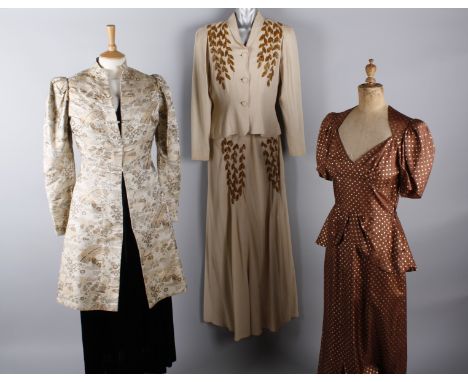 A 1930s fawn coloured evening dress and matching jacket with gold bead decoration; with a brown velvet jacket, a 1930s black 