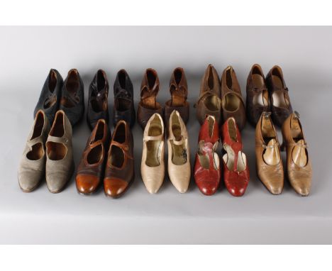 Ten pairs of ladies vintage shoes dating from the 1920s and 1930s, including: two-tone brown leather shoes, 1920s brown repti