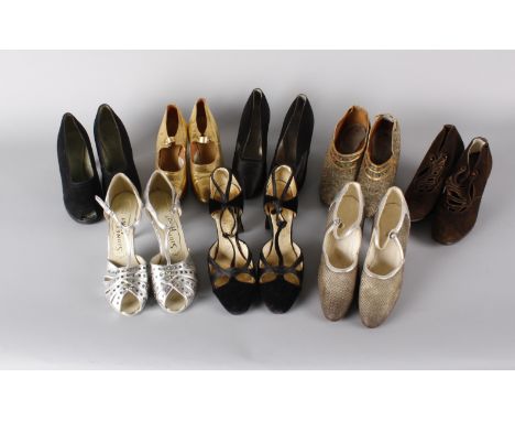 Ladies Vintage shoes, eight pairs dating from the 1920s to the 1940s, including: a pair of gold leather 1920s shoes, woven si
