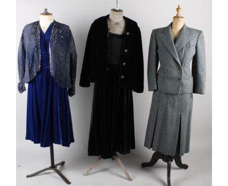 A collection of ladies costume, comprising: a 1940s blue/grey tweed two-piece suit with the utility label, a Cecilia Lee 1950