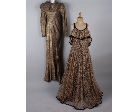 A 1930s floral abstract design chiffon cocktail dress; with a 1930s gold lame full-length evening gown with matching bag, a 1