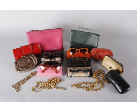 A quantity of ladies designer accessories, including: real fur collars, an Armani dyed red silk-lined collar, a pair of orang