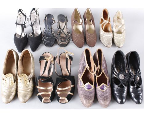 Eight pairs of ladies vintage shoes dating from the 1920s to the 1980s, comprising: 1920s brown fabric shoes, 1920s silver la