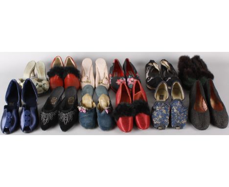 A collection of ladies vintage shoes and slippers, including: 1930s blue satin slippers, 1940s blue floral quilted mules, red