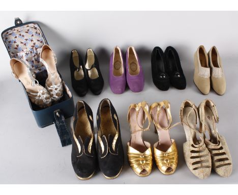 Eight pairs of ladies vintage shoes, including: late 1930s black suede shoes with gold reptile skin details, brocade 1930s ev