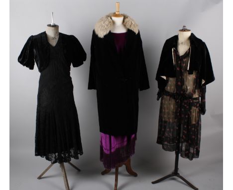 A purple fringed 1920s velvet dress; with a black georgette and lace 1920s dress, a fine black chiffon dress with rosebud pri