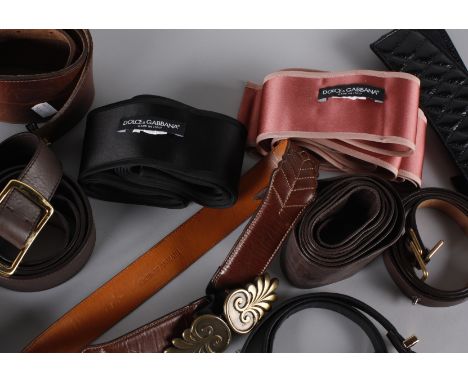 A collection of ladies designer belts, including: a brown leather Giorgio Armani belt with a brass buckle, a belt by Lanvin, 