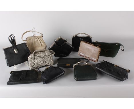 Twelve vintage handbags, comprising: faux snakeskin bag, a British Made black leather clutch bag with carrying handle, a 1930