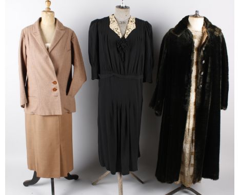 A collection of ladies vintage costume, comprising: a 1920s velvet spotted dress, a 1920s West of England two-piece suit, a 1